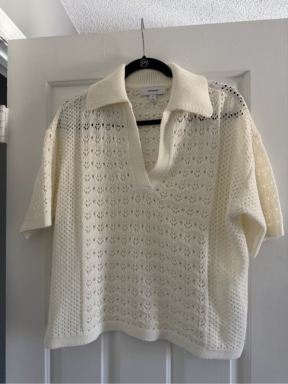 Topshop Cream Openwork Knit Polo Top
